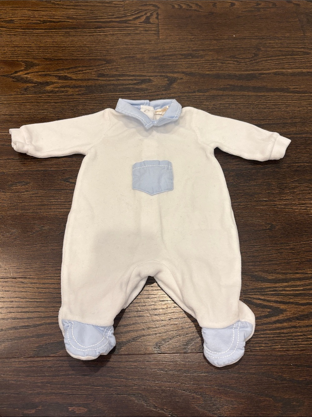 Mintini Baby White Footed One-Piece with Light Blue Trim Size One Month